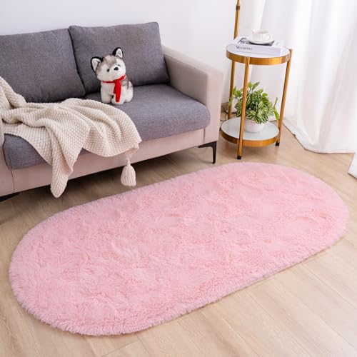 Goideal Fluffy Bedroom Rug, Small Oval Area Rugs, Pink Shag Bedside Carpet for Kids Room Nursery Dorm Cute Fuzzy Indoor Decor for Boy and Girl, 2.6 x 5.3 Feet - Image 2