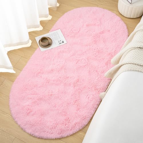Goideal Fluffy Bedroom Rug, Small Oval Area Rugs, Pink Shag Bedside Carpet for Kids Room Nursery Dorm Cute Fuzzy Indoor Decor for Boy and Girl, 2.6 x 5.3 Feet - Image 4