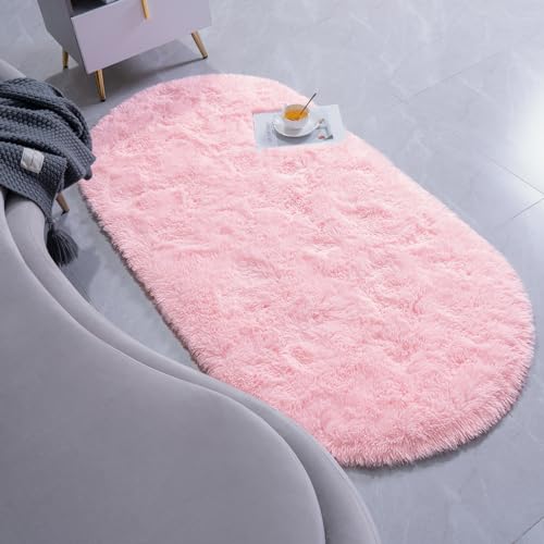Goideal Fluffy Bedroom Rug, Small Oval Area Rugs, Pink Shag Bedside Carpet for Kids Room Nursery Dorm Cute Fuzzy Indoor Decor for Boy and Girl, 2.6 x 5.3 Feet - Image 3