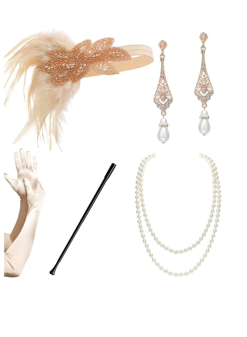 Zikra 1920s Prom Theme Party Costume Accessory Set, Ladies Baffle Feather Hairband Headband Pearl Necklace Gloves Plastic Holder - Image 1
