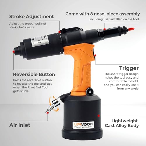 UPWOOD Heavy Duty Air Hydraulic Rivet Nut Tool with reversible button, HPS6312F Pneumatic Riveter Automatic Rivet Nut Gun Tool Setting Kit Come with 8 Size Metric and SAE Nose-Piece Assembly - Image 4