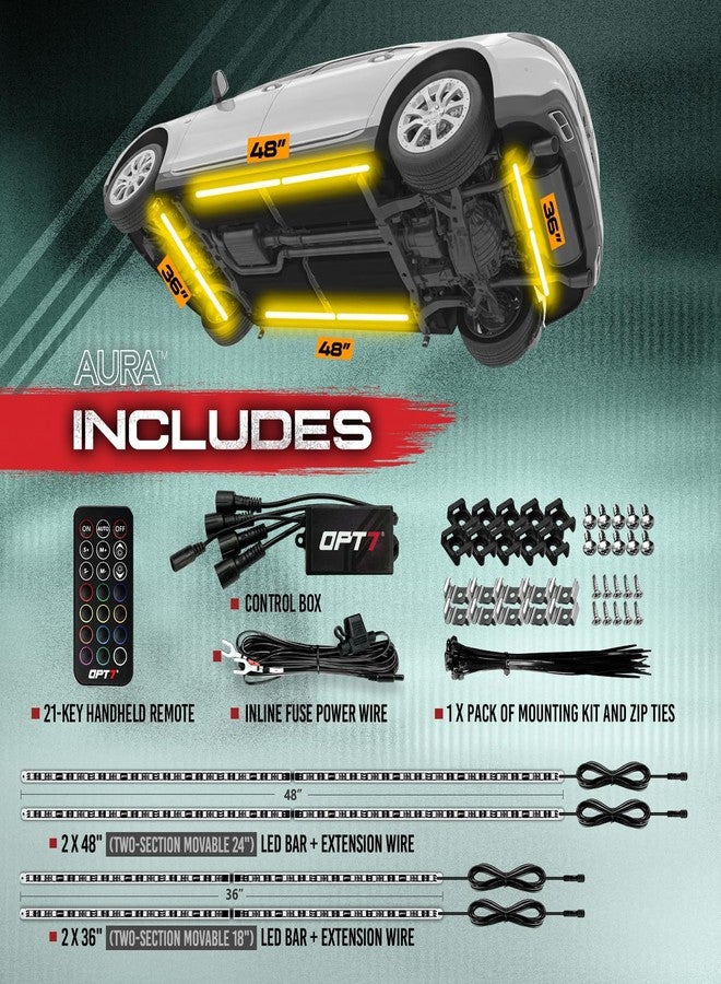 OPT7 مصابيح OPT7 Aura المصنوعة من الألومنيوم، إضاءة سفلية عالمية للسيارات والشاحنات والمركبات الترفيهية وعربات الجولف مع جهاز تحكم عن بعد، مصابيح LED فائقة السطوع، 12 فولت، قضبان إضاءة مقاومة للماء، طقم إضاءة خارجية أسفل هيكل السيارة - Image 2