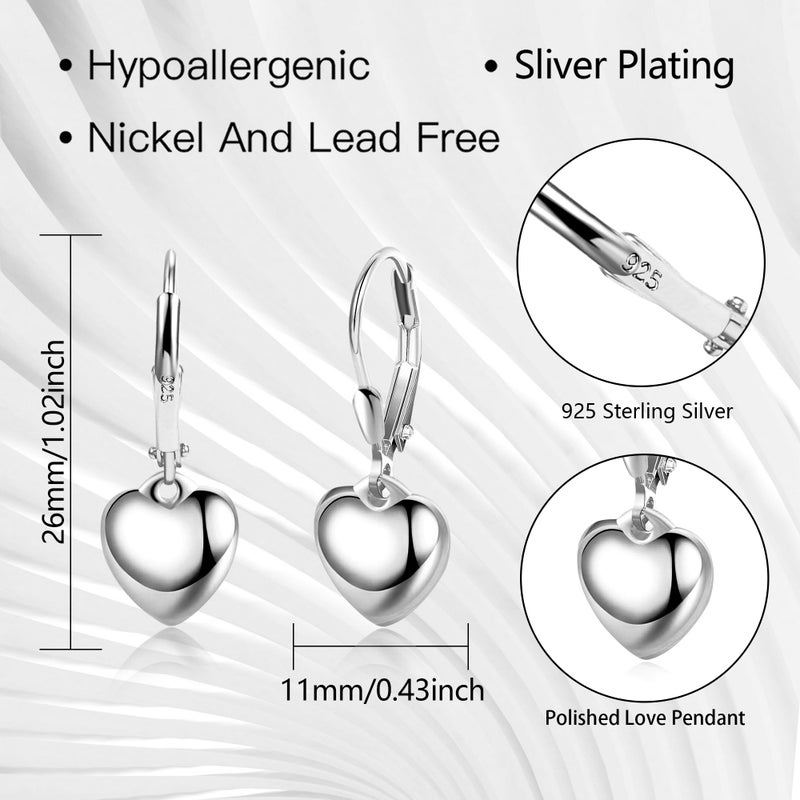 ALEXCRAFT Sterling Silver Heart Earrings for Women Silver Heart Dangle Leverback Earring Hypoallergenic Dangle Drop Earrings - Image 3