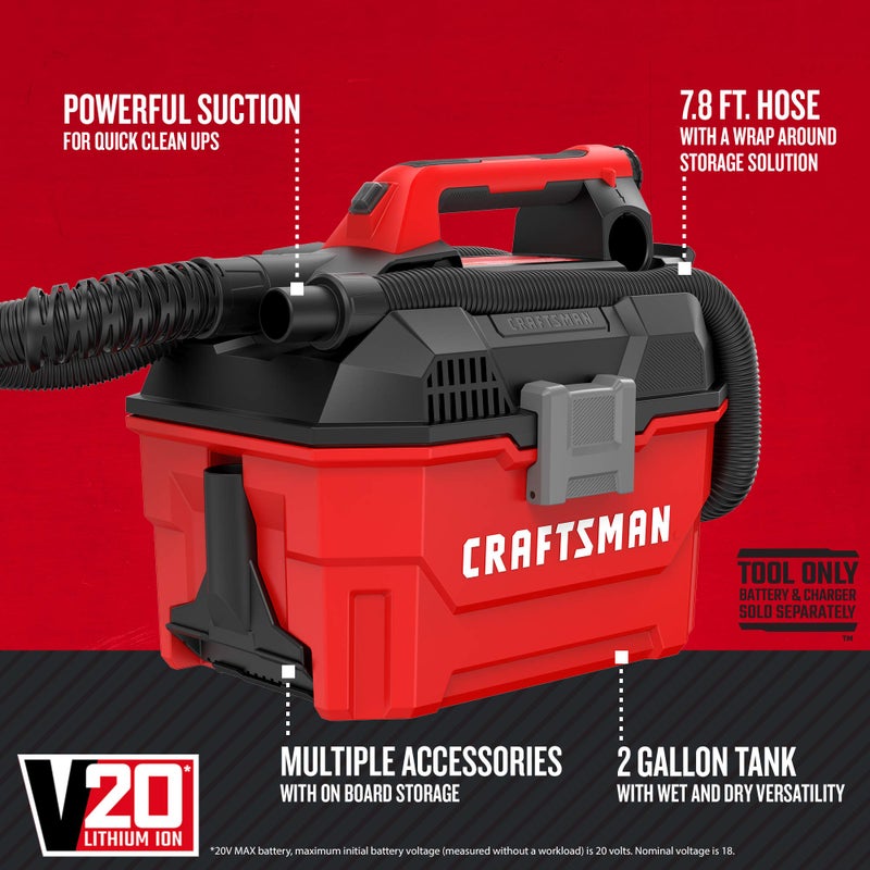 CRAFTSMAN مكنسة كهربائية لاسلكية CRAFTSMAN V20، مكنسة متجر رطبة/جافة، سعة 2 جالون، خرطوم بطول 7 أقدام، أداة عارية فقط (CMCV002B) - Image 2