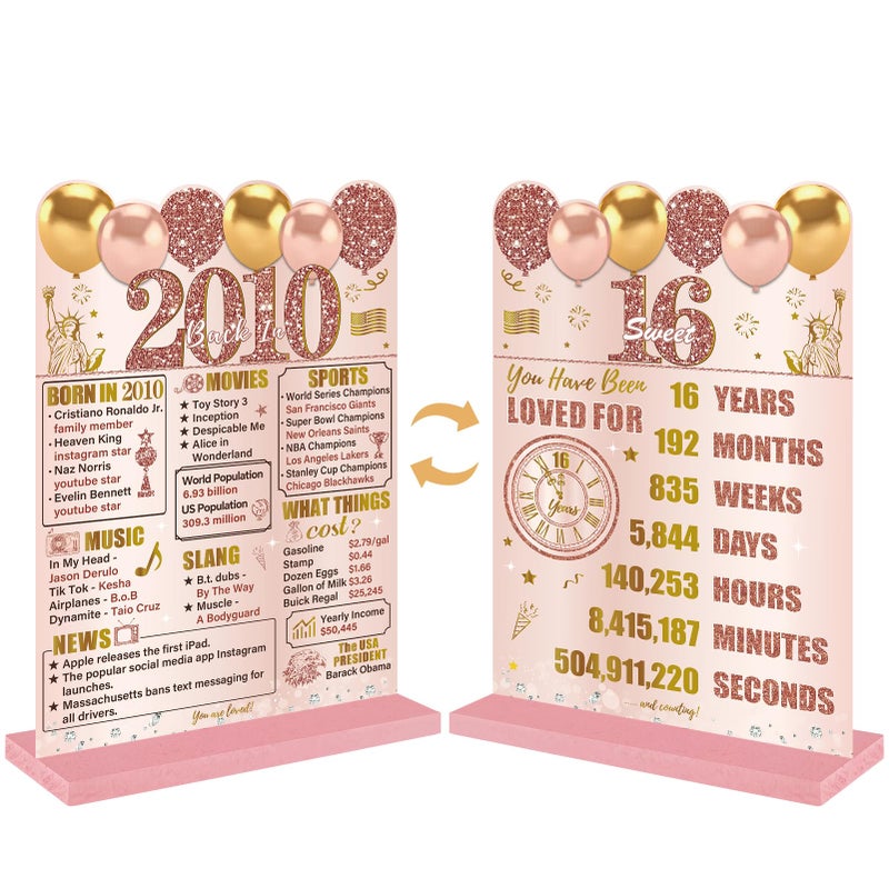 Guiruiy Pink Rose Gold 16th Birthday Decorations for Girls Women, Two-Sided Vintage 16 Back in 2010 Theme Poster Wooden Table Sign with Stand, Sixteen Years Old Bday Centerpieces Holder for Table Decor - Image 1