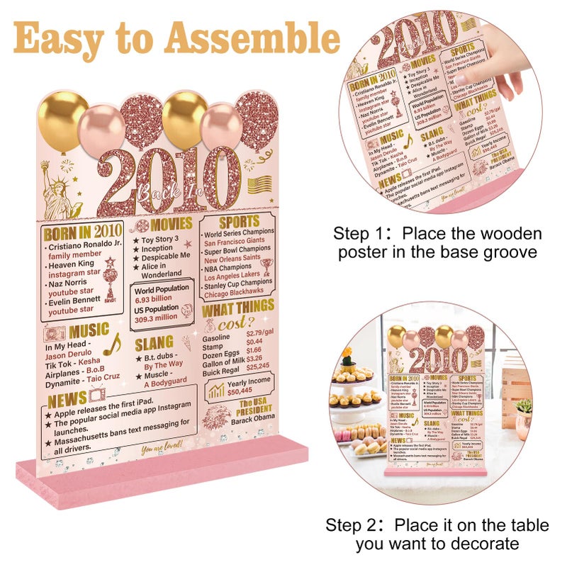 Guiruiy Pink Rose Gold 16th Birthday Decorations for Girls Women, Two-Sided Vintage 16 Back in 2010 Theme Poster Wooden Table Sign with Stand, Sixteen Years Old Bday Centerpieces Holder for Table Decor - Image 3