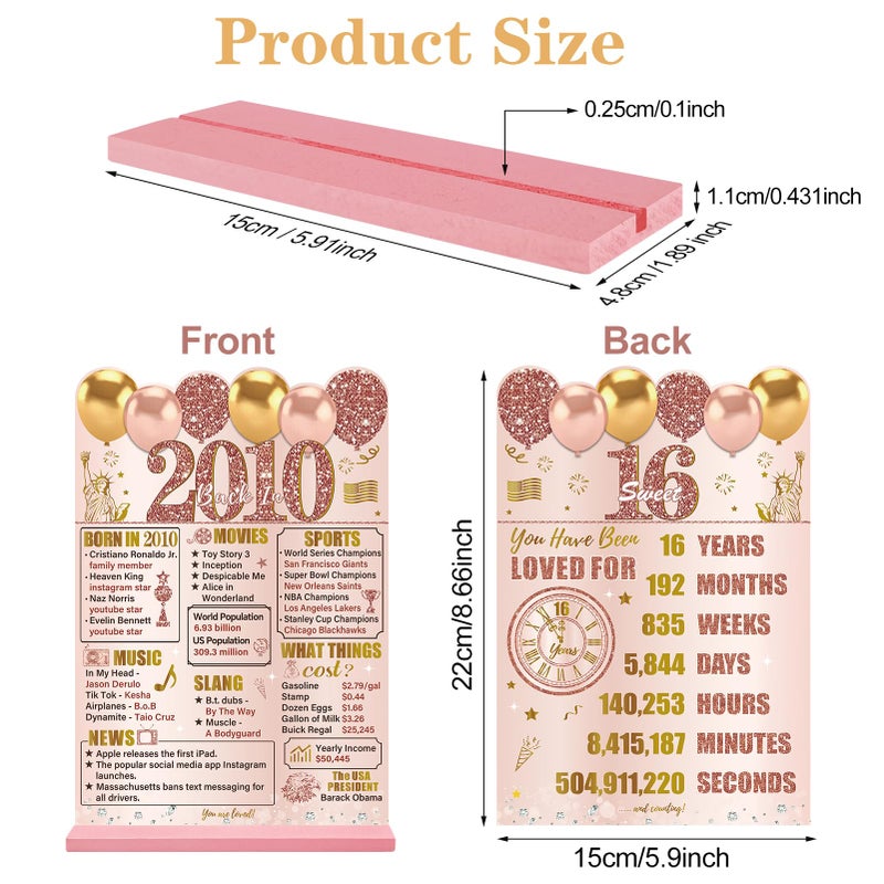 Guiruiy Pink Rose Gold 16th Birthday Decorations for Girls Women, Two-Sided Vintage 16 Back in 2010 Theme Poster Wooden Table Sign with Stand, Sixteen Years Old Bday Centerpieces Holder for Table Decor - Image 2