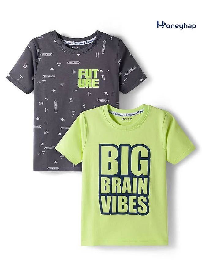 Honeyhap Honeyhap Premium 100% Cotton Knit Half Sleeves T-Shirts with Bio Finish & Text Print Pack of 2 - Thunderstrom & Sunny Lime