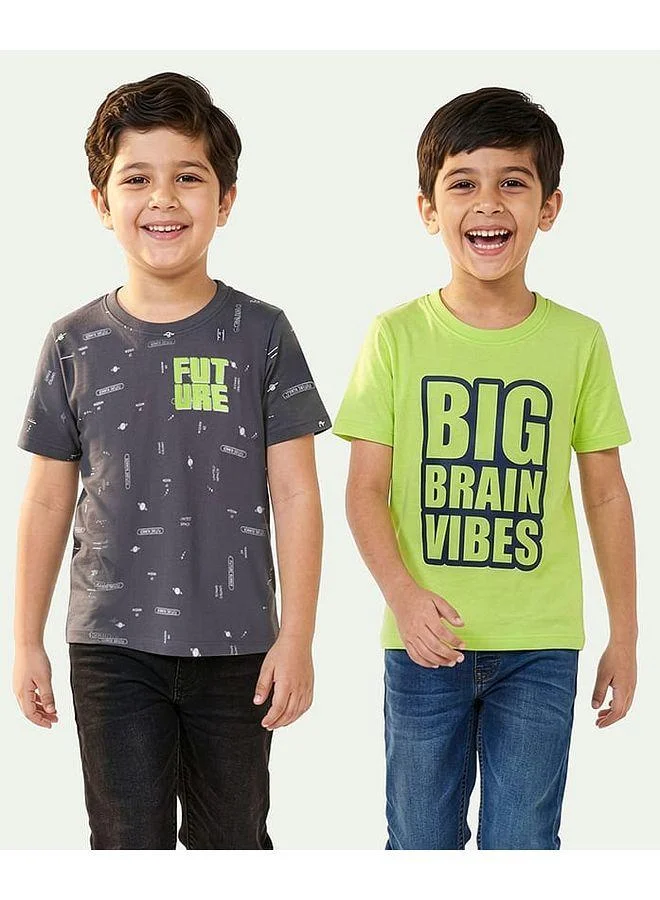 Honeyhap Honeyhap Premium 100% Cotton Knit Half Sleeves T-Shirts with Bio Finish & Text Print Pack of 2 - Thunderstrom & Sunny Lime