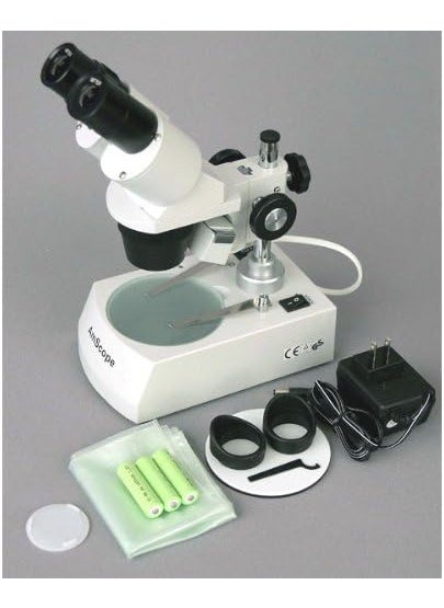 AmScope AmScope SE305RPYLED ForwardMounted Binocular Stereo Microscope WF10x and WF15x Eyepieces 10X15X30X45X Magnification 1X and 3X Objectives Upper and Lower LED Lighting Reversible BlackWhite Stage Plate Pillar Stand 120V or BatteryPowered  - Image 5