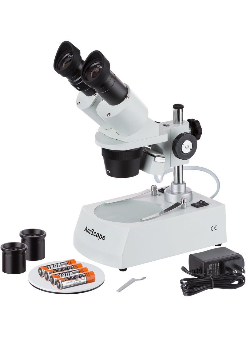 AmScope AmScope SE305RPYLED ForwardMounted Binocular Stereo Microscope WF10x and WF15x Eyepieces 10X15X30X45X Magnification 1X and 3X Objectives Upper and Lower LED Lighting Reversible BlackWhite Stage Plate Pillar Stand 120V or BatteryPowered  - Image 1