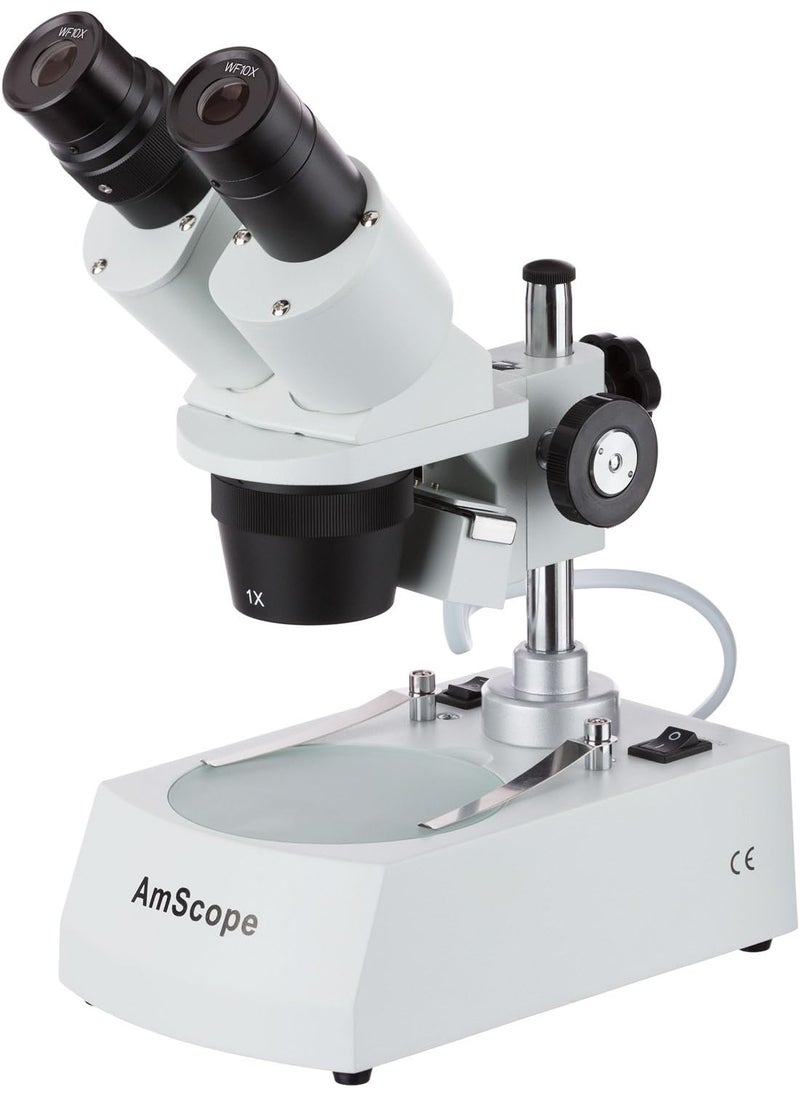 AmScope AmScope SE305RPYLED ForwardMounted Binocular Stereo Microscope WF10x and WF15x Eyepieces 10X15X30X45X Magnification 1X and 3X Objectives Upper and Lower LED Lighting Reversible BlackWhite Stage Plate Pillar Stand 120V or BatteryPowered  - Image 2