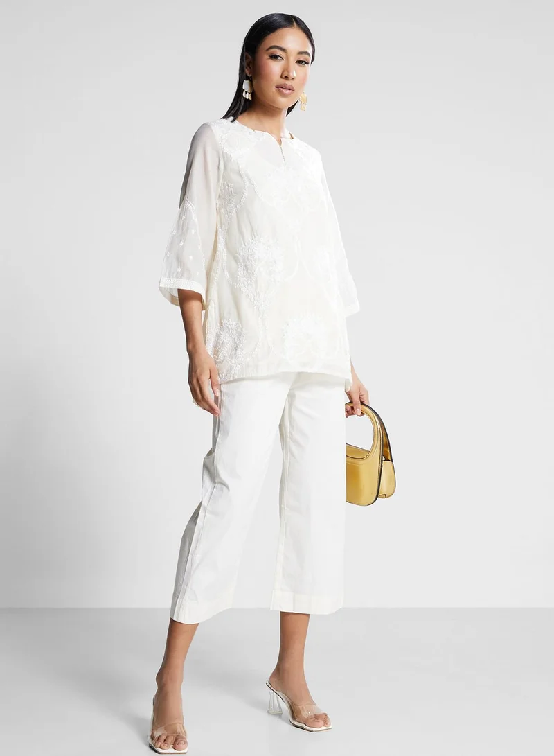 Biba Mesh Embroidered Kurti & Pants Set