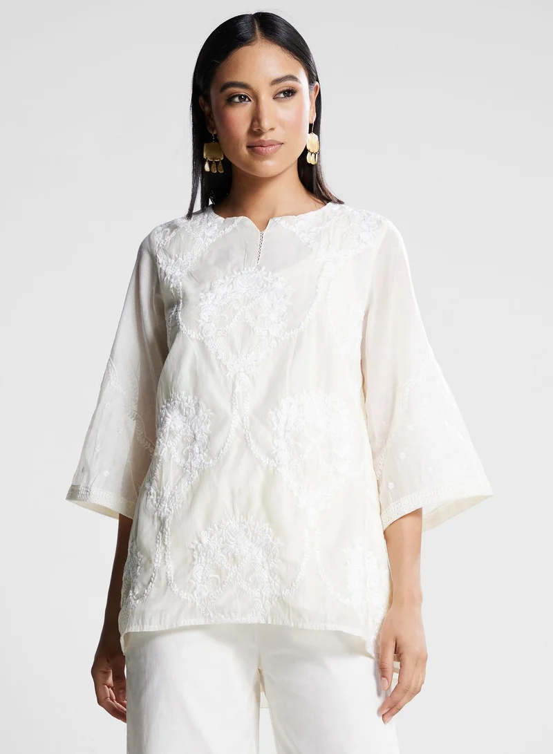 Biba Mesh Embroidered Kurti & Pants Set