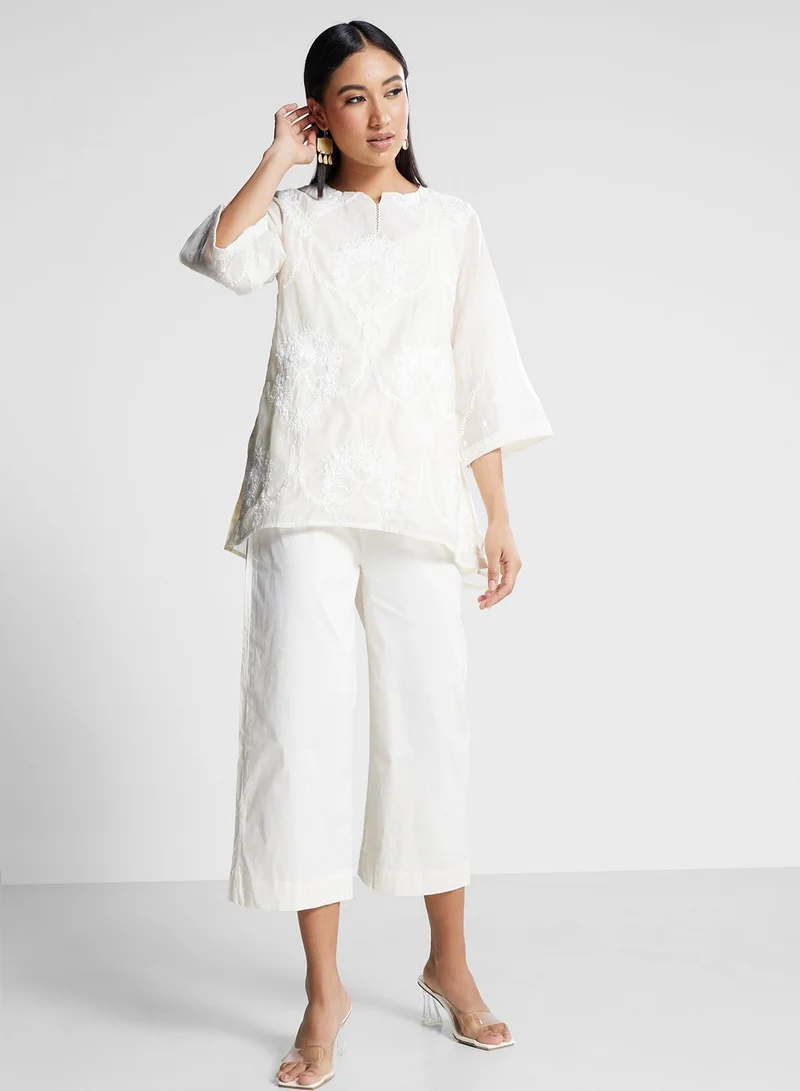 Biba Mesh Embroidered Kurti & Pants Set