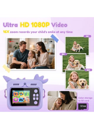 كاميرا فورية للأطفال، كاميرا فيديو رقمية بدقة 1080 بكسل مع بطاقة 32 جيجا، لعبة كاميرا يونيكورن زووم 16x، كاميرا سيلفي بتقنية الطباعة الحرارية بدون حبر، هدايا العيد وهدايا عيد ميلاد (أرجواني) - view 5