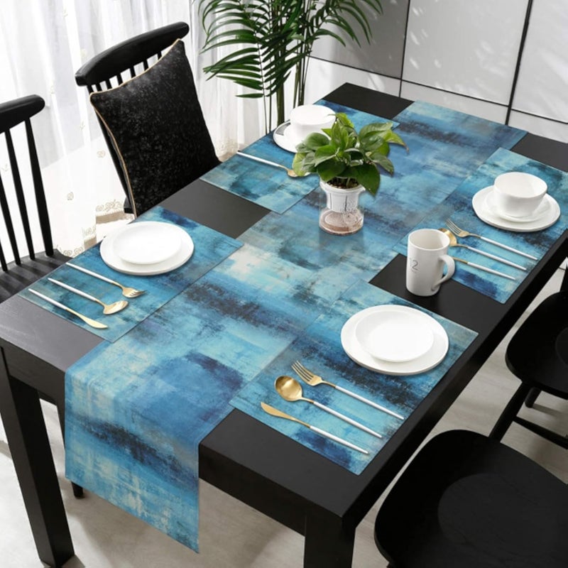 أسبميز طقم مفارش طاولة فنية تجريدية من ASPMIZ مع 4 مفارش، طقم مفارش طاولة بنمط ريفي، طقم مفارش طاولة فنية حديثة باللونين الفيروزي والرمادي للزينة، مناسب للعطلات والحفلات الداخلية والخارجية، هدية