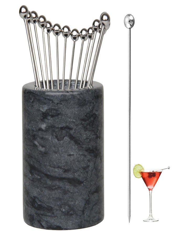 GMYIAK 4.3 Inch Stainless Steel Cocktail Stick 15pcs+1pcs Marble Tank,Cocktail Clip,Appetiser Fork,Cocktail Garnish,Suitable for Bars,Restaurants,Sandwiches,Fruits,BBQ (Black) - Image 1