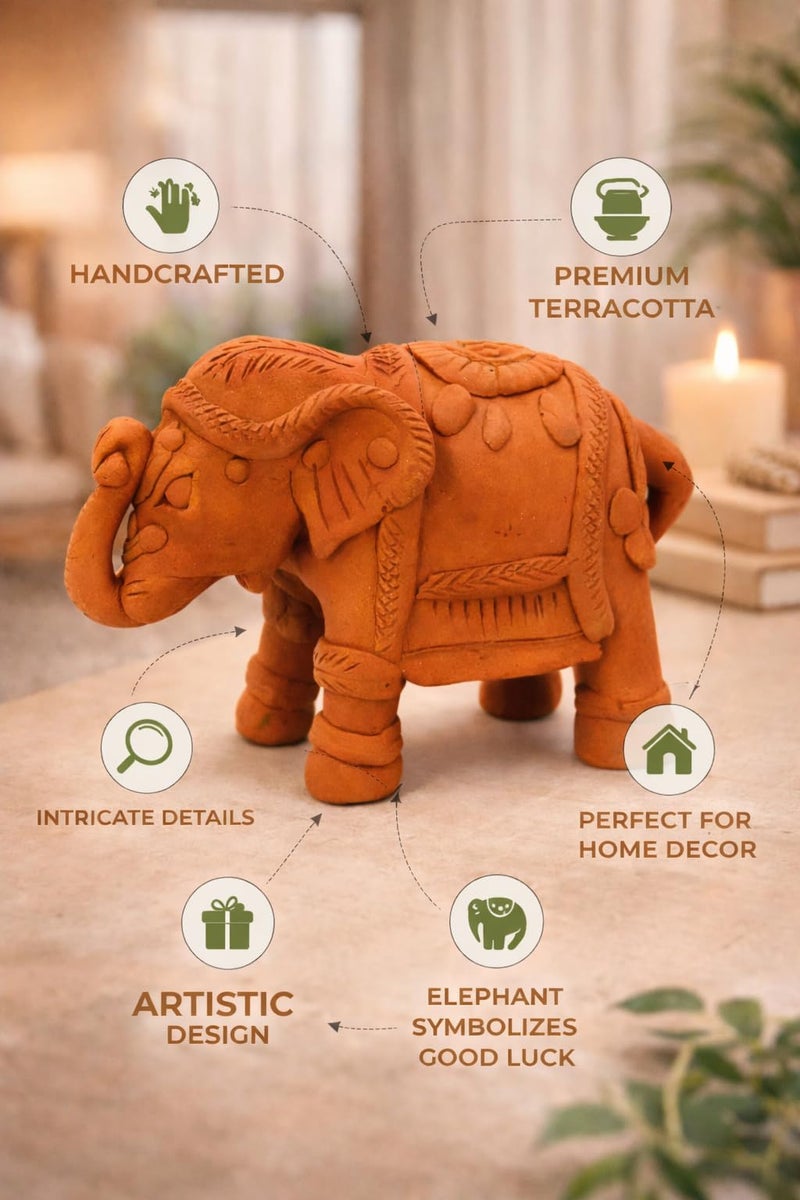 SHOPMEFAST Handcrafted Terracotta Elephant Figurine, Natural Clay Home Decor Statue, Traditional Indian Style, 7 x 5 Inches - Image 3