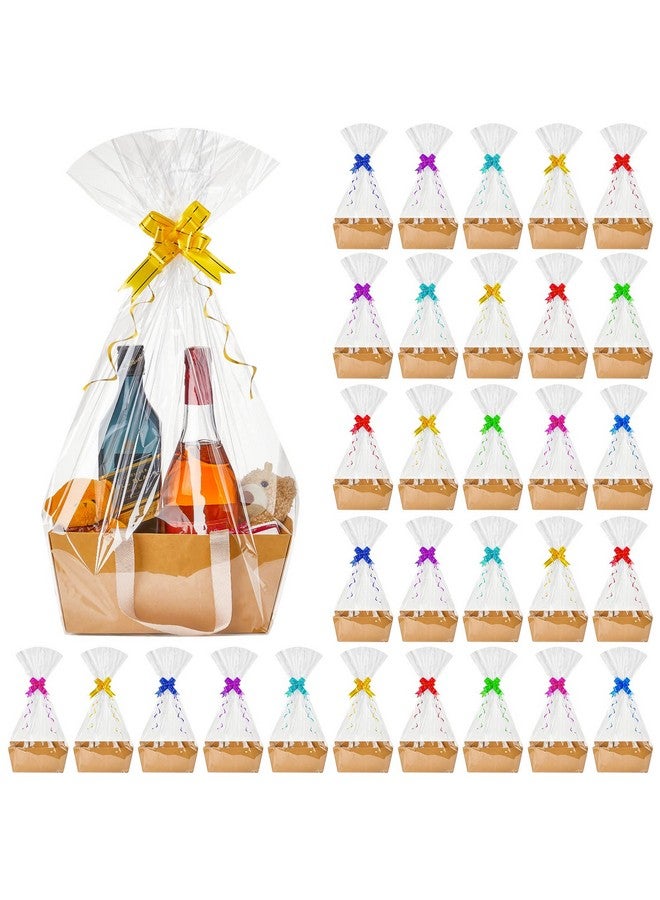 Tuanse 30 Pcs Christmas Basket for Gift Empty DIY Bulk Gift Basket Kit with Handle Kraft Cardboard Tray with 30 Bag 30 Bow Market Tray for Birthday Wedding Party Gift(Brown,9.8 x 6.5 x 4.3 in) - Image 1