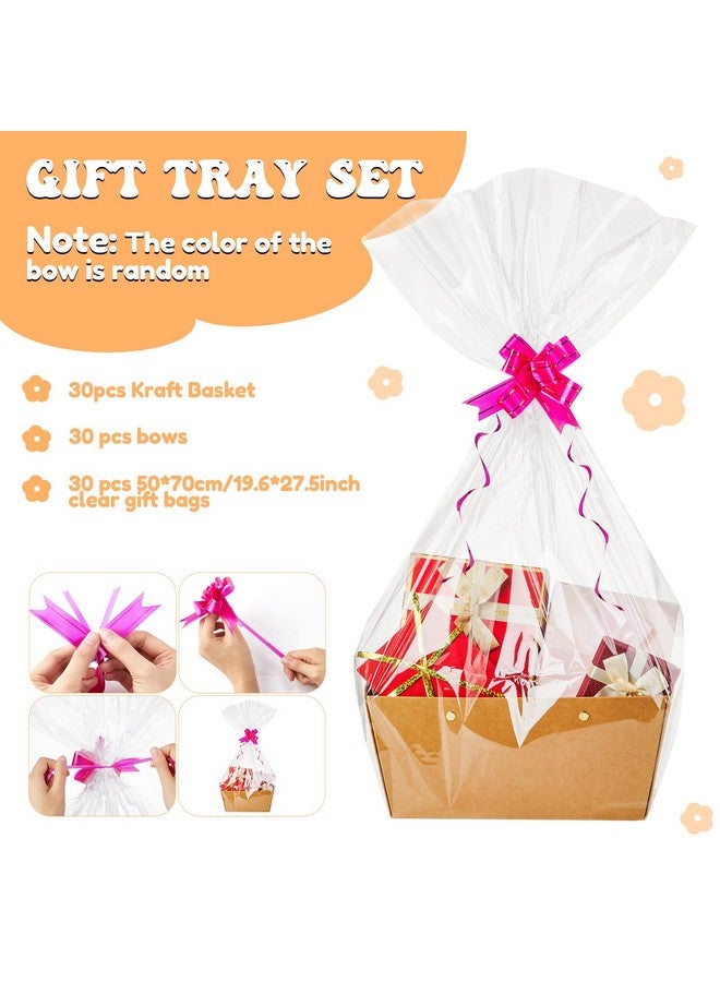 Tuanse 30 Pcs Christmas Basket for Gift Empty DIY Bulk Gift Basket Kit with Handle Kraft Cardboard Tray with 30 Bag 30 Bow Market Tray for Birthday Wedding Party Gift(Brown,9.8 x 6.5 x 4.3 in) - Image 3