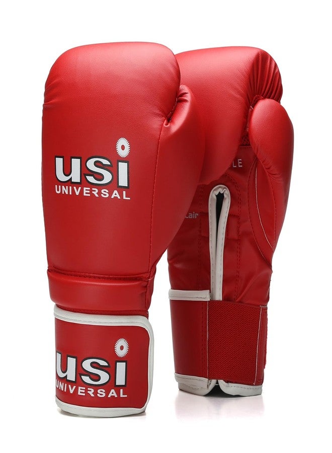 USI UNIVERSAL قفازات ملاكمة من شركة USI، قفازات ملاكمة من شركة Reliance 612 مناسبة للملاكمة، والكيك بوكسينغ، والمواي تاي، وفنون القتال المختلطة، مصنوعة من مادة البولي يوريثين المتينة، مزودة بإغلاق معصم مرن بخطاف وحلقة، وحشوة إسفنجية (مقاس 8 أونصة، لون أحمر) - Image 1