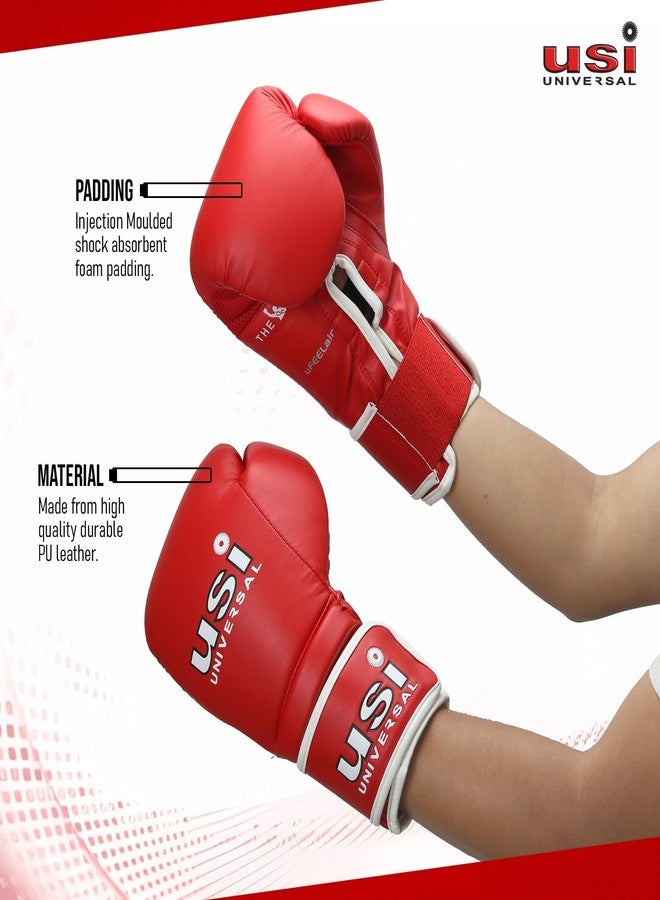 USI UNIVERSAL قفازات ملاكمة من شركة USI، قفازات ملاكمة من شركة Reliance 612 مناسبة للملاكمة، والكيك بوكسينغ، والمواي تاي، وفنون القتال المختلطة، مصنوعة من مادة البولي يوريثين المتينة، مزودة بإغلاق معصم مرن بخطاف وحلقة، وحشوة إسفنجية (مقاس 8 أونصة، لون أحمر) - Image 3