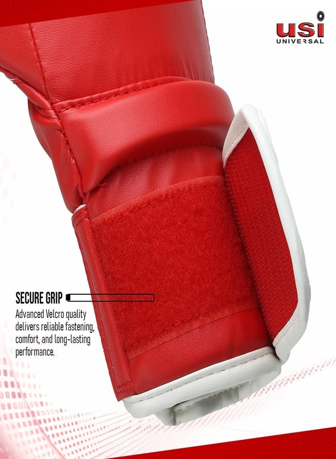 USI UNIVERSAL قفازات ملاكمة من شركة USI، قفازات ملاكمة من شركة Reliance 612 مناسبة للملاكمة، والكيك بوكسينغ، والمواي تاي، وفنون القتال المختلطة، مصنوعة من مادة البولي يوريثين المتينة، مزودة بإغلاق معصم مرن بخطاف وحلقة، وحشوة إسفنجية (مقاس 8 أونصة، لون أحمر) - Image 4