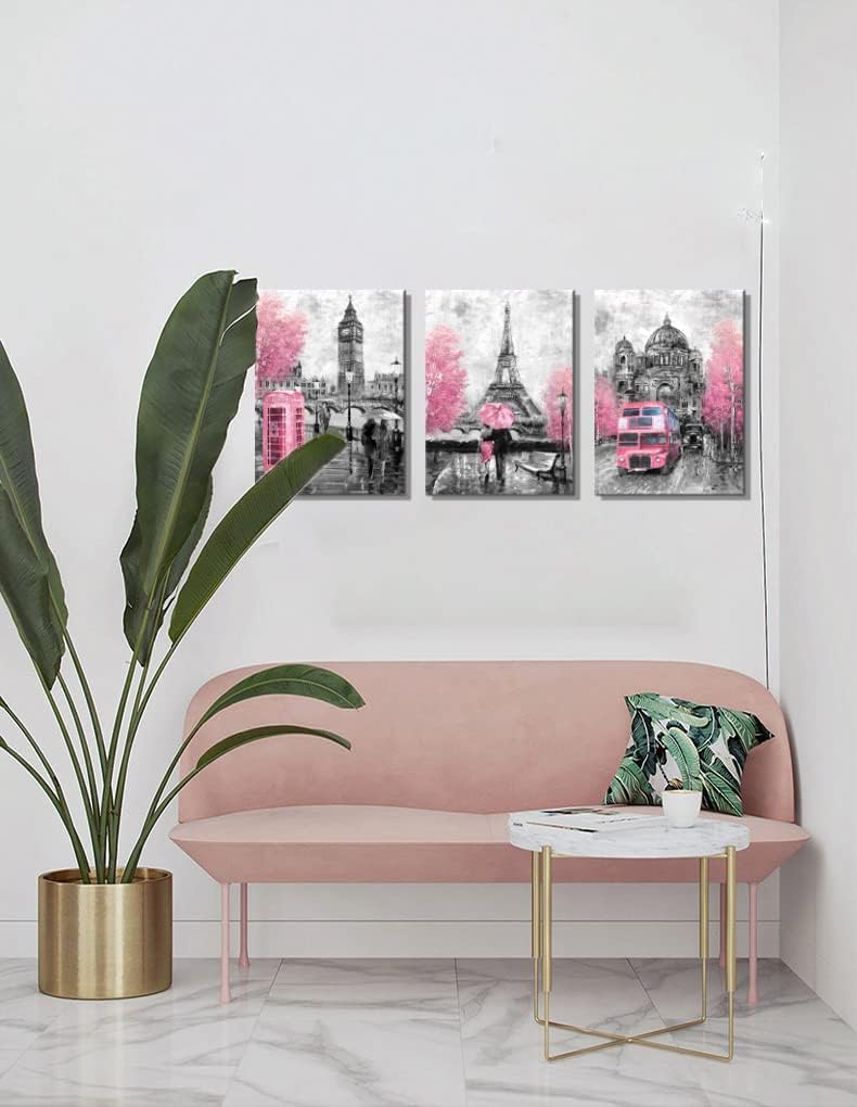 CANVASZON Pink and Gray Paris Wall Art Wall Decoration for Bedroom Bathroom Girls Room Decor Paris Theme Rustic Canvas Print Art for Home Décor - Image 4