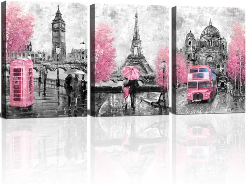 CANVASZON Pink and Gray Paris Wall Art Wall Decoration for Bedroom Bathroom Girls Room Decor Paris Theme Rustic Canvas Print Art for Home Décor - Image 1