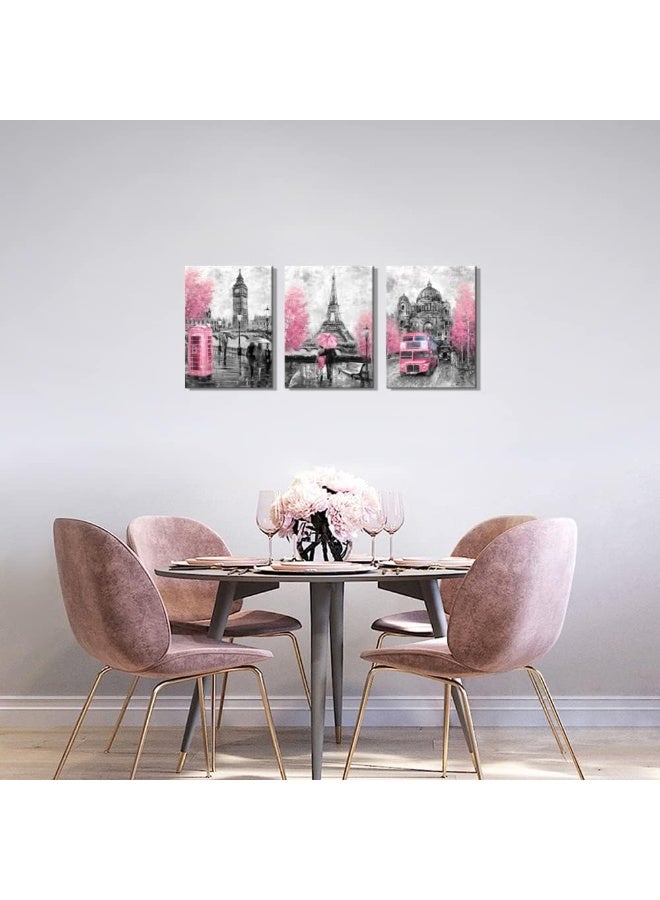 CANVASZON Pink and Gray Paris Wall Art Wall Decoration for Bedroom Bathroom Girls Room Decor Paris Theme Rustic Canvas Print Art for Home Décor - Image 2