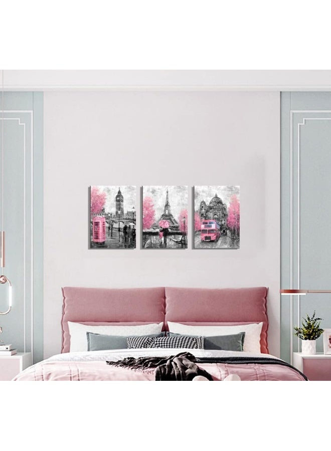 CANVASZON Pink and Gray Paris Wall Art Wall Decoration for Bedroom Bathroom Girls Room Decor Paris Theme Rustic Canvas Print Art for Home Décor - Image 5