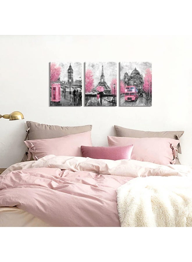 CANVASZON Pink and Gray Paris Wall Art Wall Decoration for Bedroom Bathroom Girls Room Decor Paris Theme Rustic Canvas Print Art for Home Décor - Image 3