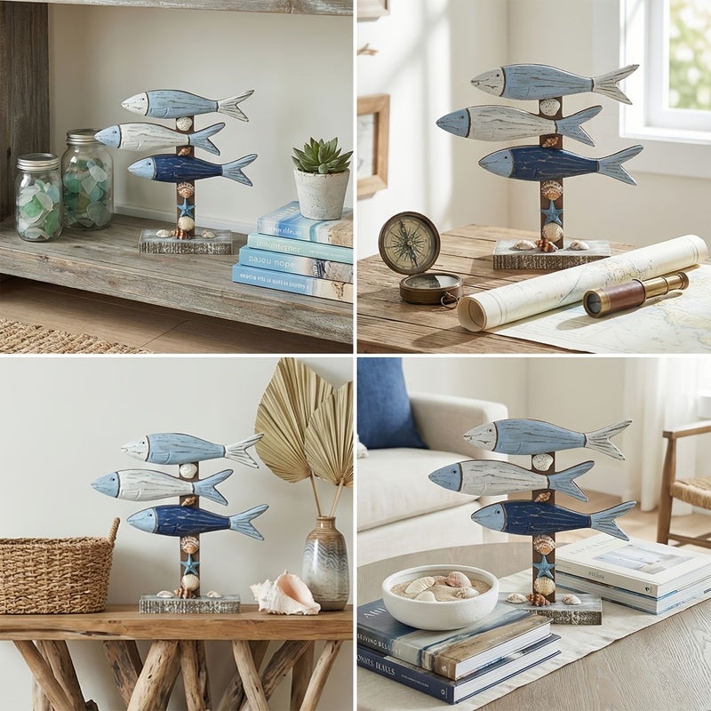 1 Pc Large Mediterranean Style Wooden Ornament Three Dimensional Fish Decoration For Tv Cabinet Model Room Living Room Bedroom Decor - Image 1