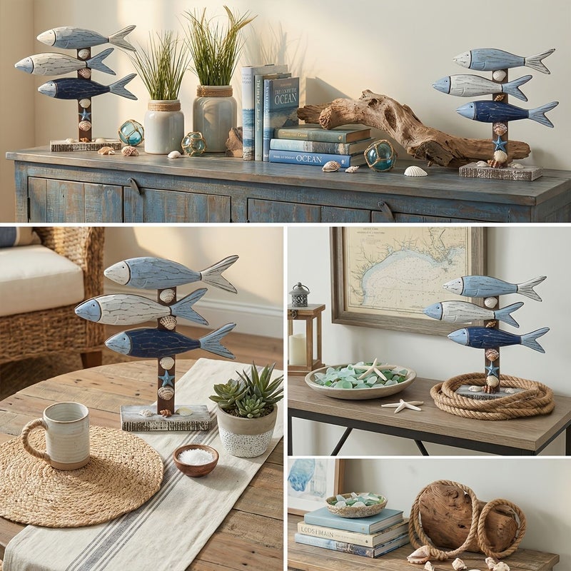 1 Pc Large Mediterranean Style Wooden Ornament Three Dimensional Fish Decoration For Tv Cabinet Model Room Living Room Bedroom Decor - Image 2