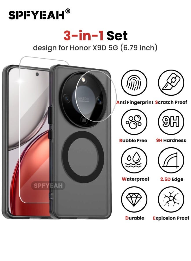 SPFYEAH [3-in-1] Honor X9d Case with HD Tempered Glass Screen Protector & Camera Lens Protector, [Anti-Drop Shockproof][Anti-Slip][No Yellowing][Skin Friendly] Slim Hard Frosted Case for Honor X9D 5G 6.79 inch, Black - Image 2