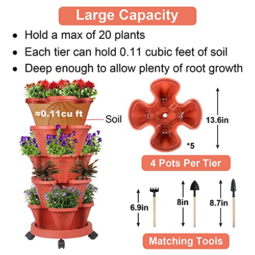 GameXcel Vertical Planter 5 Tier Stackable Planters Garden Planters Strawberry Herb Flower and Vegetable Planter Indoor Outdoor Gardening Pots with Removable Wheels and Tools - Image 5