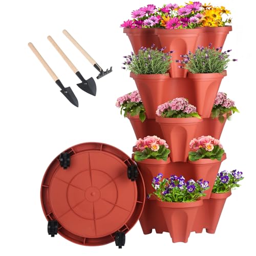 GameXcel Vertical Planter 5 Tier Stackable Planters Garden Planters Strawberry Herb Flower and Vegetable Planter Indoor Outdoor Gardening Pots with Removable Wheels and Tools - Image 1