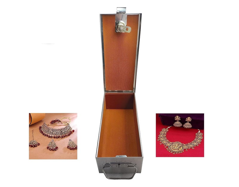 Gvanys Stainless Steel Safe Bank Locker Jewellery Ornaments Storage And Cash Container Box with Cushion Velvet Lining Size 10 L x 45 W x 35 H Lock