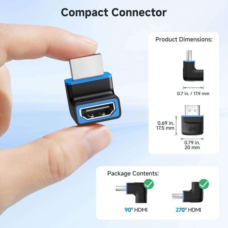 CableMatters Combo-Pack 48Gbps 8K Right Angle HDMI 2.1 Adapters with HDR, Supports 8K@60Hz / 4K@240Hz, 270 Degree and 90 Degree HDMI Adapter Male to Female, Black - Image 5