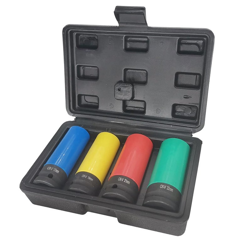 ACEBON 12 Inch Drive Wheel Protector Impact Socket Thin Wall Deep Socket Set with Plastic Sleeve Metric 4 Pcs Set 17mm 19mm 21mm 22mm