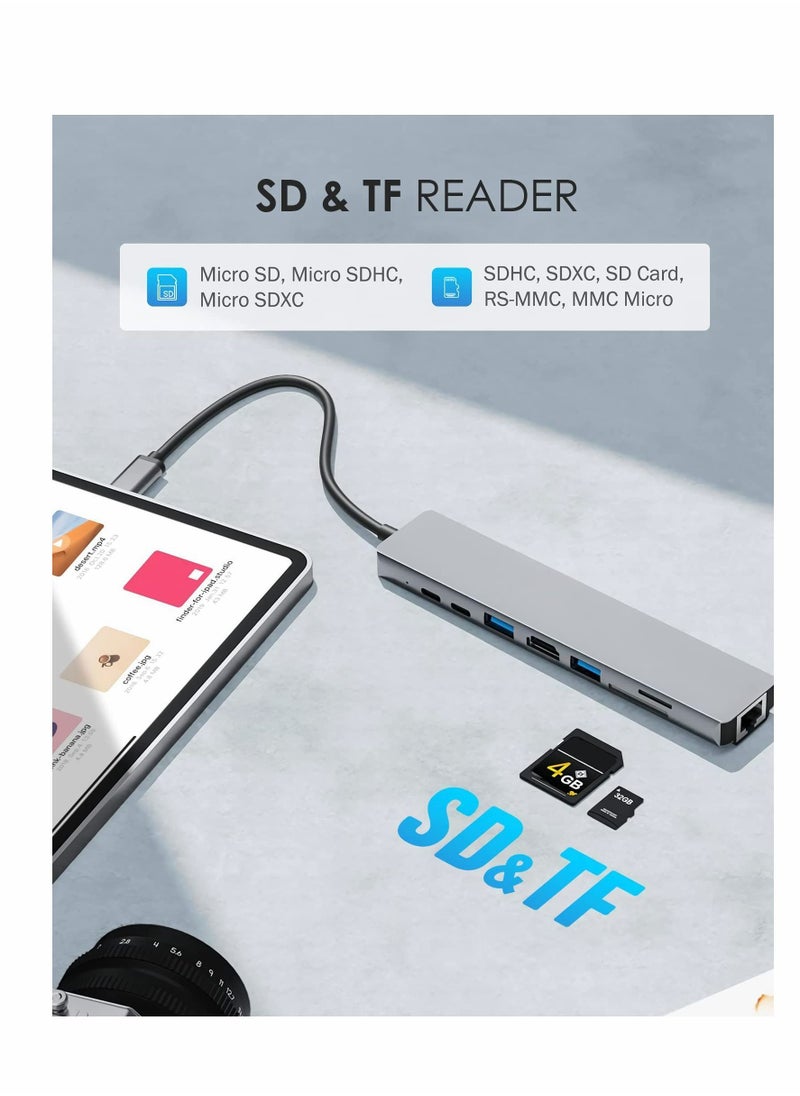 واي آند دي محطة إرساء 8 في 1 USB C ، محول Hub متعدد المنافذ مع 4K HDMI توصيل طاقة 100 وات USB-C إيثرنت 2 قارئ بطاقات SD / TF متوافق MacBook Pro XPS والمزيد من أجهزة Type  - Image 3