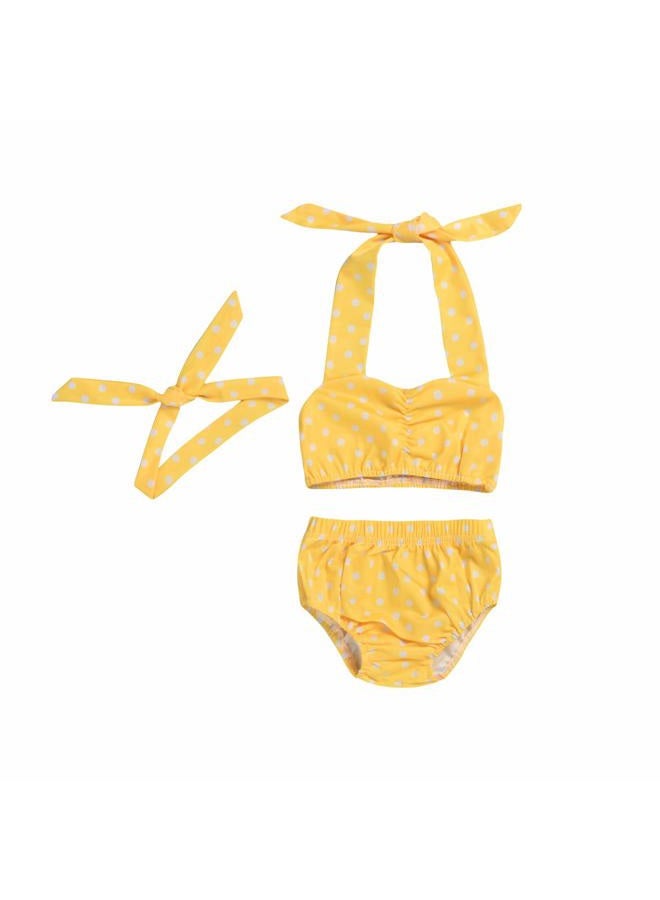 Aalizzwell Baby Girl Bikini, Kids Toddler Polka Dot Swimsuits Halter Swimwear Bikinis Set with Headband, Yellow, 3-6 Months - Image 1