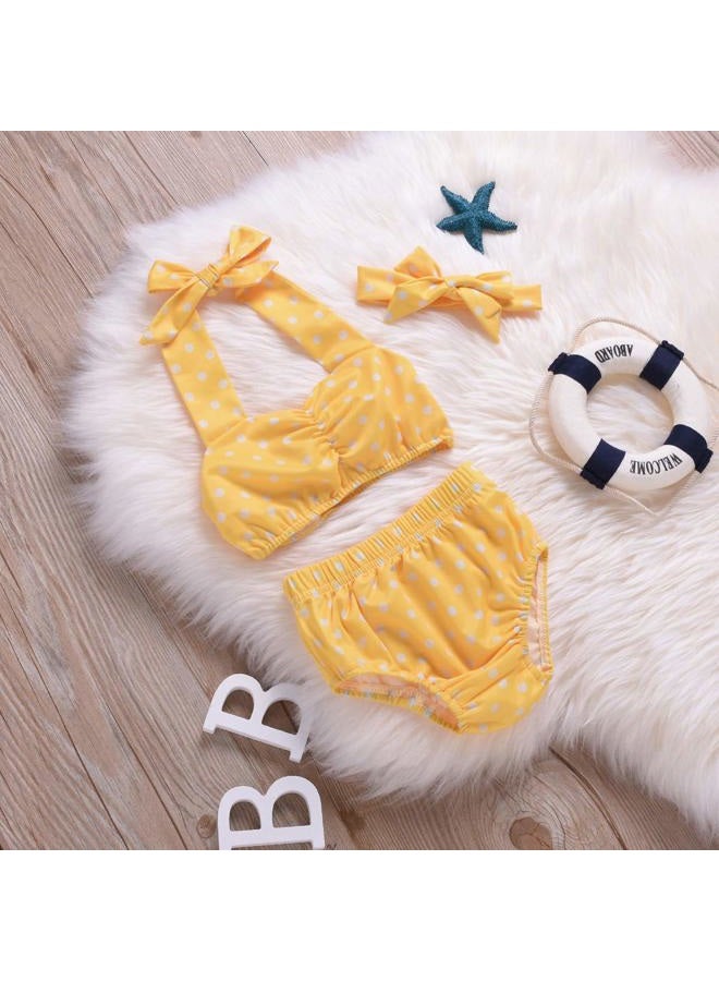 Aalizzwell Baby Girl Bikini, Kids Toddler Polka Dot Swimsuits Halter Swimwear Bikinis Set with Headband, Yellow, 3-6 Months - Image 3