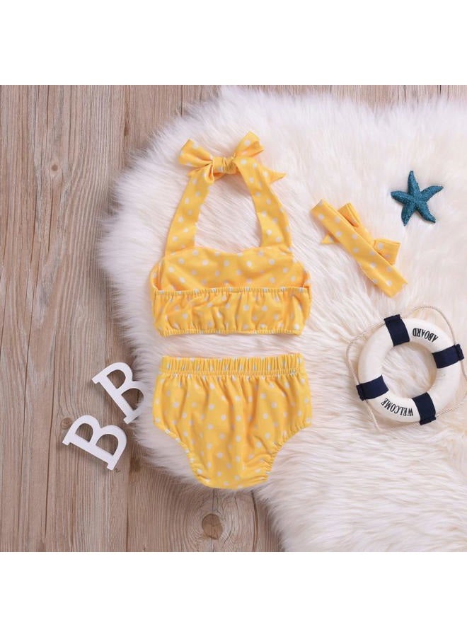 Aalizzwell Baby Girl Bikini, Kids Toddler Polka Dot Swimsuits Halter Swimwear Bikinis Set with Headband, Yellow, 3-6 Months - Image 4