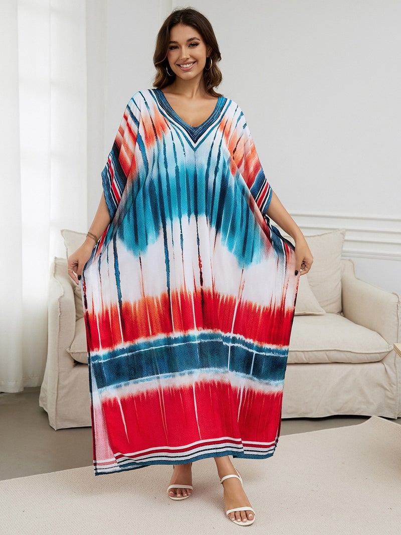 Generic Cross-border European and American rayon tie-dyed beach jumpsuit long dress loose robe bikini swimsuit outer blouse sun protection shirt Zs2277-22 multi-color tie-dye