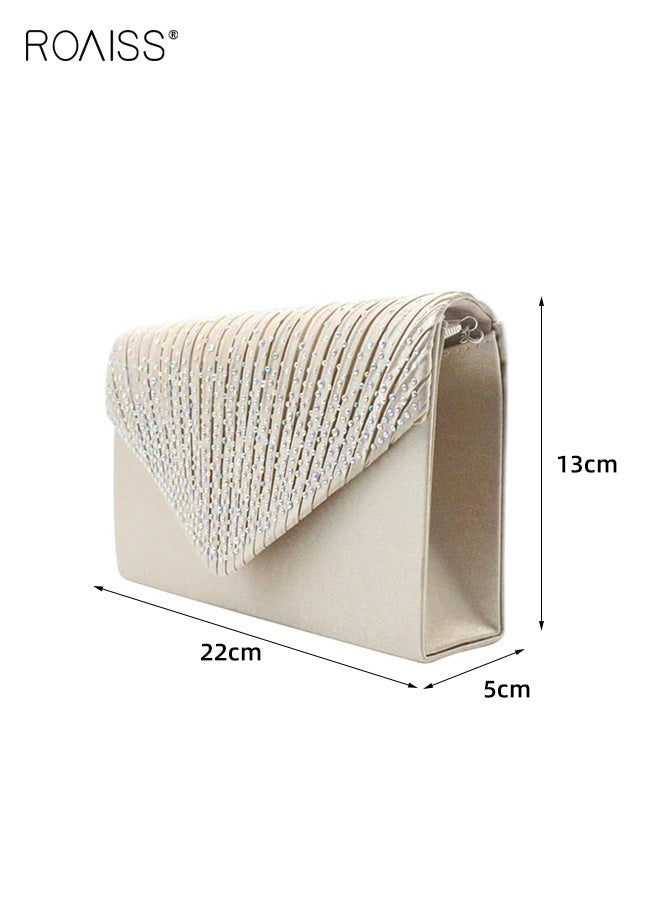roaiss Women's Satin AB Color Hot Diamond Envelope Bag Fashionable Banquet Bridal Wedding Party Clutch Purse for Ladies Beige - Image 2