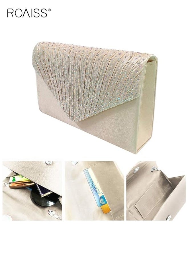 roaiss Women's Satin AB Color Hot Diamond Envelope Bag Fashionable Banquet Bridal Wedding Party Clutch Purse for Ladies Beige - Image 3
