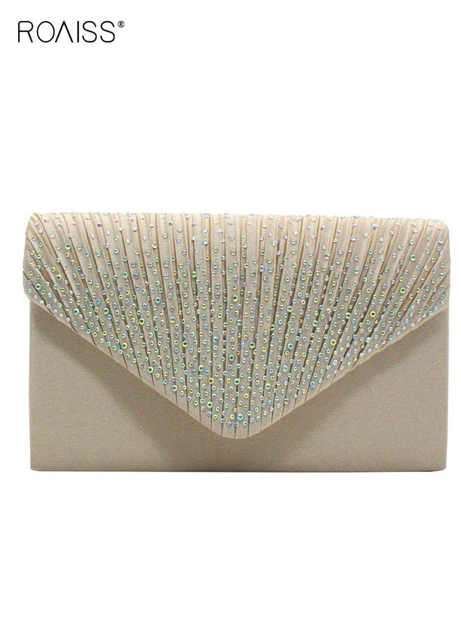 roaiss Women's Satin AB Color Hot Diamond Envelope Bag Fashionable Banquet Bridal Wedding Party Clutch Purse for Ladies Beige - Image 1