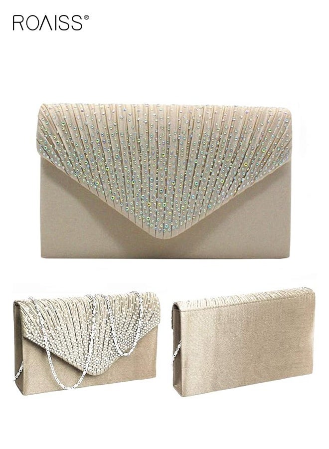 roaiss Women's Satin AB Color Hot Diamond Envelope Bag Fashionable Banquet Bridal Wedding Party Clutch Purse for Ladies Beige - Image 5